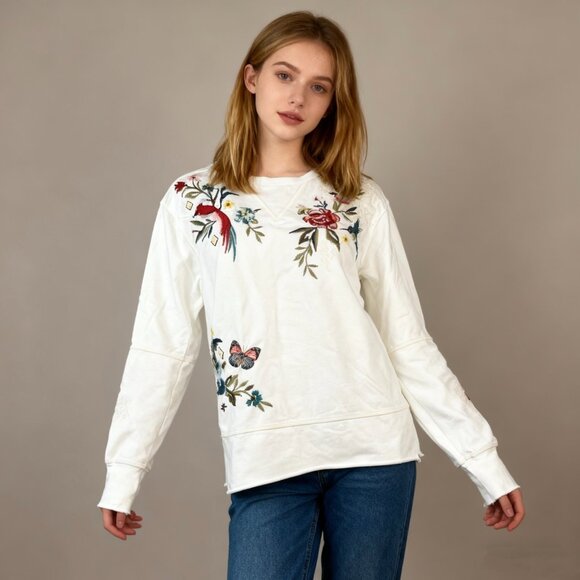 Johnny Was Tops - NWOT Johnny Was Embroidered Floral Butterfly Bird Pullover White Sweatshirt Sz S